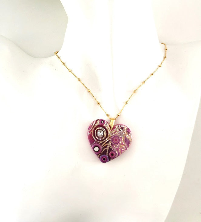 Klimt He-Art (maxi) - Collana con pendente a cuore, montatura in argento placcato oro 24 kt