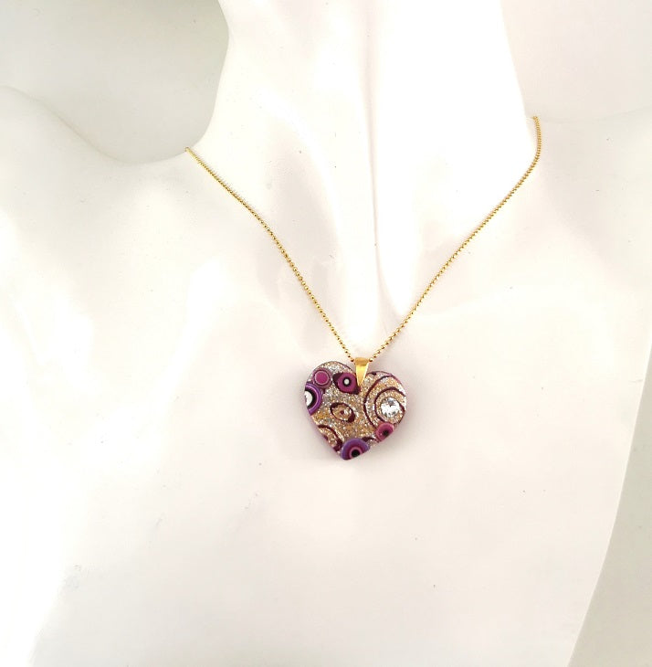 Klimt He-Art (midi) - Collana con pendente a cuore, montatura in argento placcato oro 24 kt