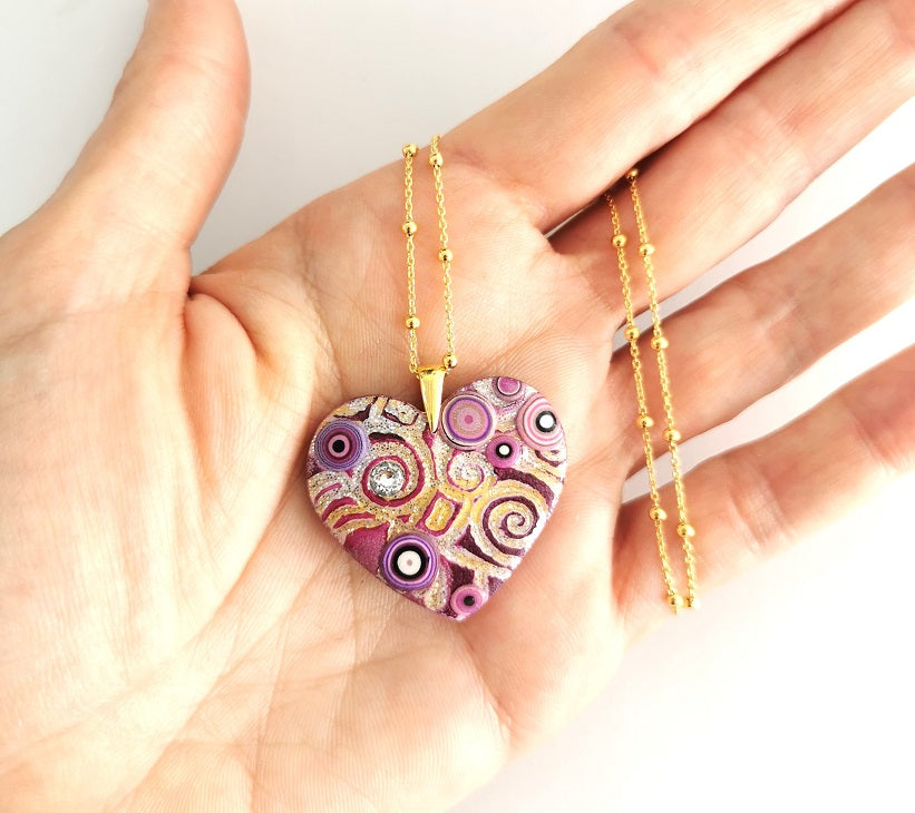 Klimt He-Art (maxi) - Collana con pendente a cuore, montatura in argento placcato oro 24 kt