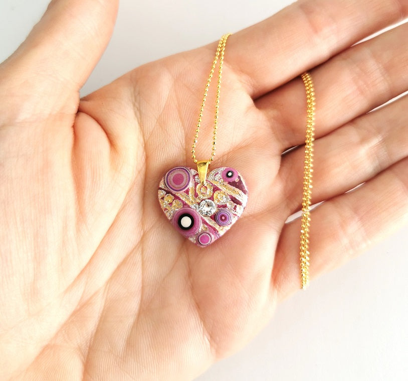 Klimt He-Art (midi) - Collana con pendente a cuore, montatura in argento placcato oro 24 kt