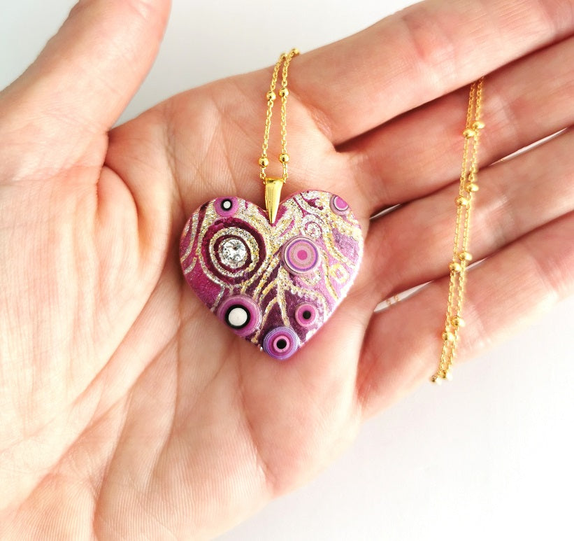 Klimt He-Art (maxi) - Collana con pendente a cuore, montatura in argento placcato oro 24 kt