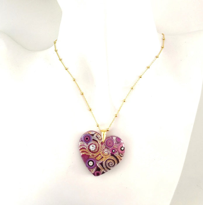 Klimt He-Art (maxi) - Collana con pendente a cuore, montatura in argento placcato oro 24 kt